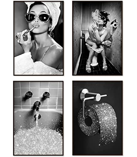 ENROR Badezimmer Bilder Set,4 Teilig Schwarz-weiß Leinwand Bild Moderne Mode Frauen, Lustige Badezimmer-Wandkunst Poster (30X40CMX4 Ohne Rahmen)