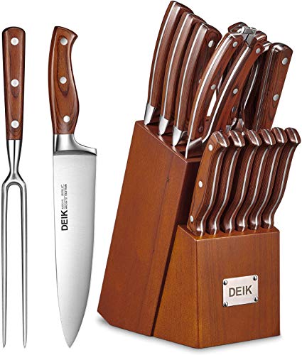 Deik Messerblock Set | Messerset | 16-TLG Messer mit Holzgriff | Edelstahl Kochmesser Set mit Holzblock | Profi Küchenmesser mit Wetzstahl