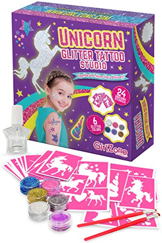 GirlZone Geschenke für Mädchen - Einhorn Glitzer Tattoo Set Kinder - Tattoos für Kinder Tattoos zum Selbermachen 33 Teile Geschenk Kinder 4-12 Jahre