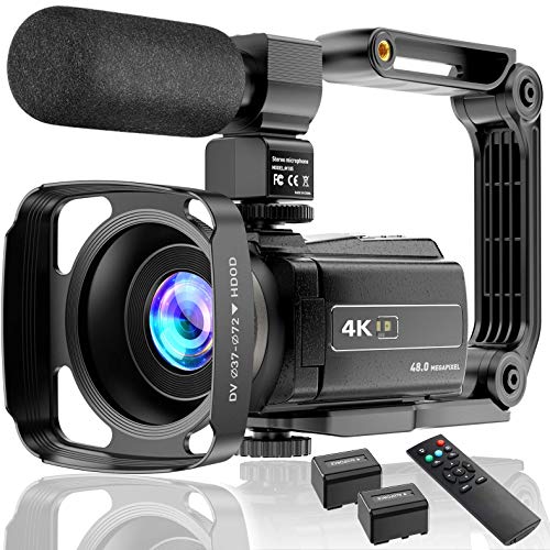 4K Videokamera Camcorder UHD 48MP Wi-Fi IR Nachtsicht 16X Digital Zoom Recorder 3,0' IPS Touchscreen Vlog Kamera für YouTube mit Mikrofon Handstabilisator Gegenlichtblende, 2 Batterien