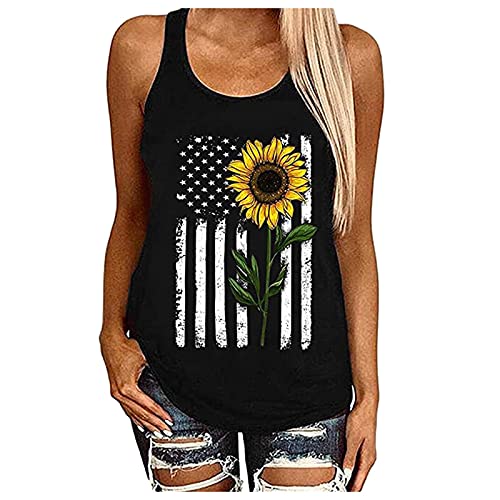 Damen T-Shirt Sommer Ärmelloses Tank Tops O-Ausschnitt Sonnenblumen Print T-Shirt Weste für Damen