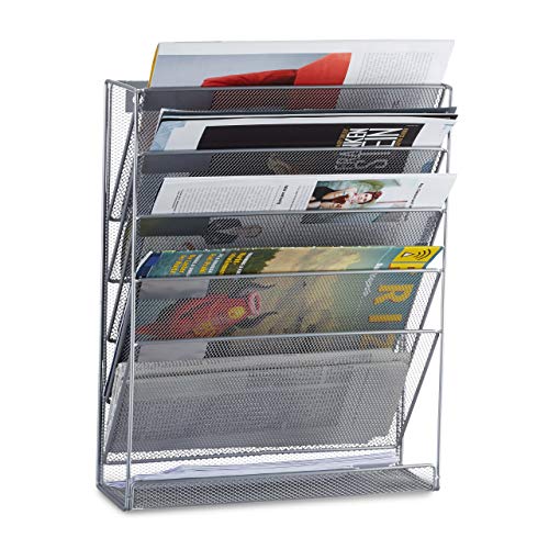 Relaxdays Zeitschriftenhalter Wand, Prospekthalter A4, Zeitschriften Wandhalter, Metall, HxBxT: 40 x 32 x 10 cm, silber