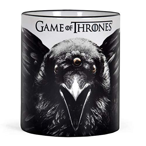 Elbenwald Game of Thrones Tasse mit Mystic Crow dreiäugiger Rabe Rundumdruck Keramik 320 ml schwarz weiß