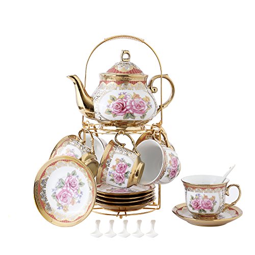 13 Stück Europäischen Titan Gold Tee Set Mit Metall Ständer, Rose Druck Vintage Keramik Teeservice Service Kaffee Set, Für Geschenk Und Haushalt