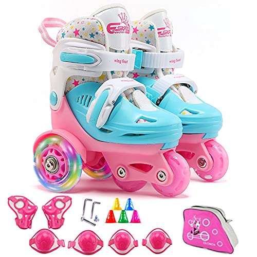 Rollschuhe Kinder Mädchen Verstellbar Skates mit LED leuchtendem Rad Roller Skates Bequem und atmungsaktiv Quad Roll Schuhe für Jungen Anfänger Drinnen und draußen, rose