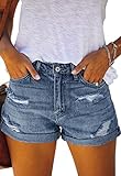ANCAPELION Damen Denim Shorts Mittlere Taille Crimpen Hotpants Ripped Jeansshorts für Sommer C-Dunkelblau S