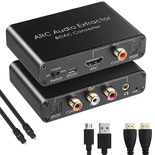 HDMI ARC Audio Extraktor+192 KHz DAC Konverter Multifunktional ARC Audio Extraktor Unterstützt Digital/HDMI Audio zu Analog Stereo Audio RCA L/R Koaxial SPDIF und 3,5 mm Jack ARC Audio Adapter für TV