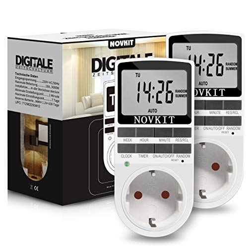 2X NOVKIT Digitale Zeitschaltuhr Steckdose mit 10 konfigurierbaren wöchentlichen Programme und einbruchsicheren Zufallsfunktion für Innen (230V / 16A / 3680W)