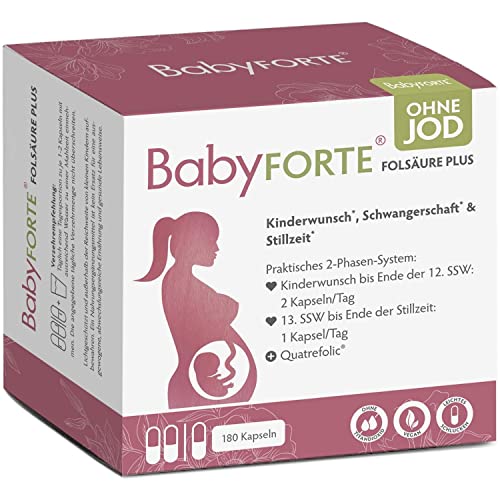 BabyFORTE FolsäurePlus OHNE JOD - Schwangerschaftsvitamine OHNE JOD - 180 Kapseln + Kinderwunsch Vitamine ohne Jod…