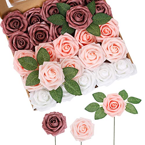 Rosa und weiße Rosen gemischt dunkelrosa Kunstblumen mit Stielen und Blatt 25 Stück gefälschte Schaumrosen Dekoration DIY für Hochzeitssträuße Anordnung Esszimmer Dekor Party Dekoration