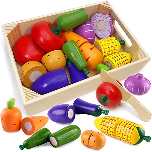 Airlab Küchenspielzeug für Kinder aus Holz, Kinderküche Zubehör, Schneiden Obst Gemüse Lebensmittel Holz mit Klett-Verbindung, Küche Spielzeug Lernspielzeug Ostergeschenk für Kinder