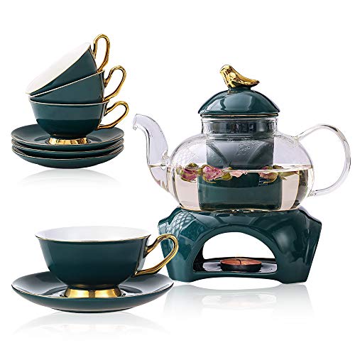 Teeservice Set Classic-Stil Blühende Tee Set Bleifreier Teekanne aus Glas(650 ml) mit Porzellan stövchen für losen Tee, mit abnehmbare Keramik-Sieb Enthält 4 Porzellan Tasse(200 ml) und Untertasse