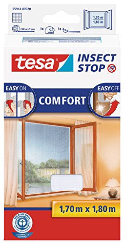 tesa Insect Stop COMFORT Fliegengitter für Fenster - Insektenschutz mit Klettband selbstklebend - Fliegen Netz ohne Bohren - weiß (leichter sichtschutz), 170 cm x 180 cm