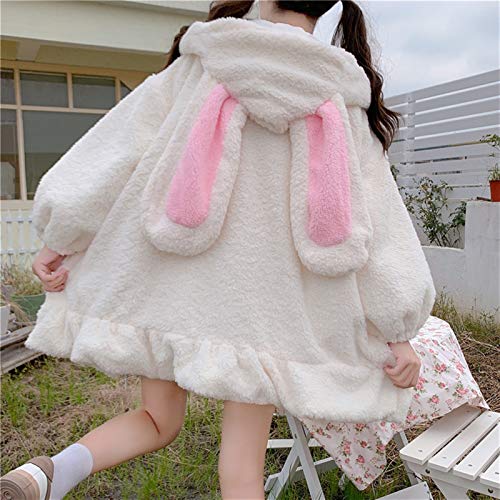 Yunbai Lolita Kleid Japanischer Stil Herbst Winter Frauen Süße Warme Jacke Kawaii Weiche Lammwolle Rüschen Kaninchenohren Kapuzenmäntel Mädchen Parkas Outwear (Color : White, Size : Large)