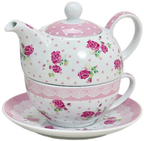 Tea for one Set 3-teilig Porzellan Teekanne mit Tasse und Untertasse mit Rosen und Blumen Motiv (Rosa)