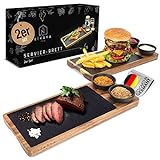 LIKAYA ＬＩＫＡＹＡ® Servierbrett '𝗟𝗨𝗜𝗦' 2er Set aus FSC®-zertifiziertem Akazienholz mit Schieferplatte & Saucen Schüsseln für Steak, Burger, Sushi und vieles mehr - perfektes Zubehör zum Grillen!
