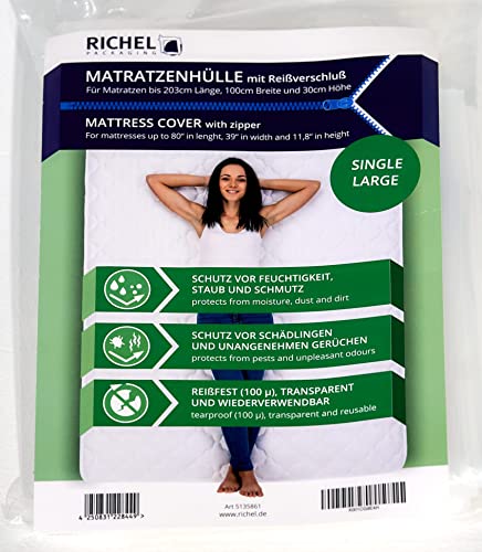 Richel® - Matratzenhülle Single L Zipper | Mit praktischem Reißverschluss. Für 100 cm breite, bis zu 30 cm hohe und 200 cm Lange Matratzen.Hochwertige Matratzenschutzhülle.