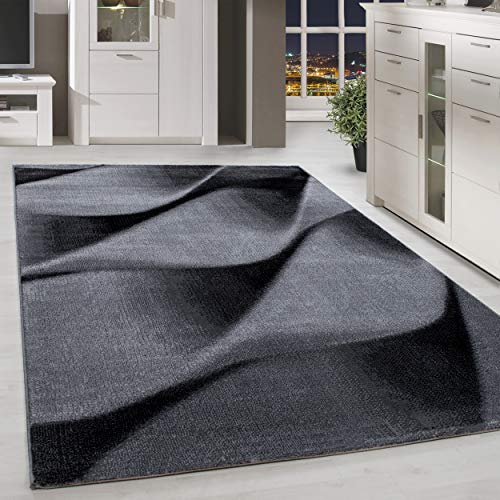 HomebyHome Kurzflor Teppich Wellen Muster Grau Schwarz Wohnzimmerteppich Meliert, Grösse:160x230 cm