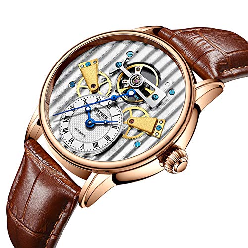 JTTM Herren Uhren Mode Automatische Mechanische wasserdichte Armbanduhr Männer Skeleton Tourbillon Leder Uhr,Rose Shell Brown Belt