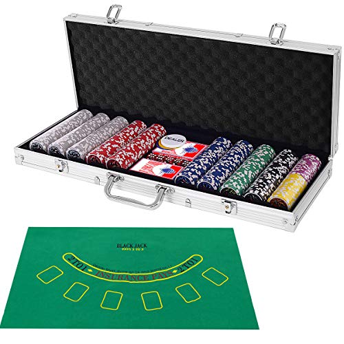 COSTWAY 500 Laser-Chips Pokerset, Poker Komplett Set mit Chips, 2 Spielkarten, 5 Würfel, 3 Händler-Chips und Tischtuch, Kasino Pokerkoffer Aluminium mit 2 Schlüsseln (Silber)