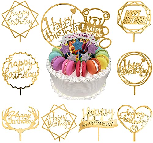 VEGCOO 10 Stück Happy Birthday tortendeko, Acryl torten deko Taufe Geburtstag Kuchen Topper personalisiert Cake Topper Taufe Hochzeit Junge Mädchen(Golden)