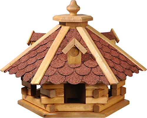 dobar Rustikales Vogelfutterhaus im Blockhaus-Stil mit rotem Bitumendach, Vogelhaus mit 6 Einfluglöchern, Kiefer, XL