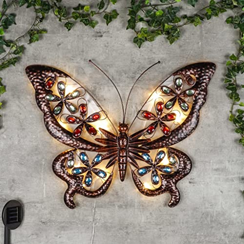 Haushalt Solar Schmetterling mit warmweißen LEDs, Wandbild aus Metall, Wanddeko für Terrasse, Balkon und Garten, B66 x 50 cm