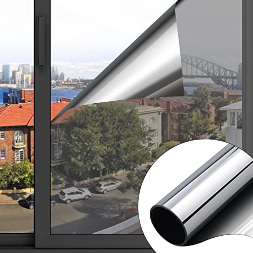 Selbstklebend Sonnenschutz Fensterfolie 90*400cm, Yalojan Doppelseitig Silberner Spiegelfolie Sonnenschutzfolie Innen für Wärmeisolierung, 99% UV-Schutz und Sichtschutz für Büro und Haus. (90*400cm)