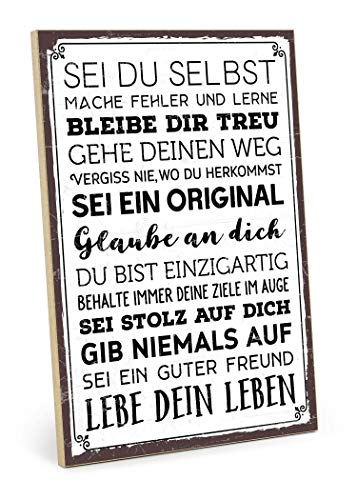 TypeStoff Holzschild mit Spruch – SEI DU SELBST – im Vintage-Look mit Zitat als Geschenk und Dekoration - HS-00492