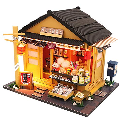 erhumama Miniatur-japanischer Lebensmittelgeschäft Puppenhaus LED Kits DIY Holzladen Möbel Modell Puzzle Spielzeug Kinder Geburtstagsgeschenk