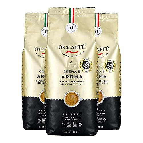 O'CCAFFÈ – Crema e Aroma 100% Arabica Kaffee | 3 x 1 kg ganze Kaffeebohnen | extra langsame Trommelröstung aus italienischem Familienbetrieb
