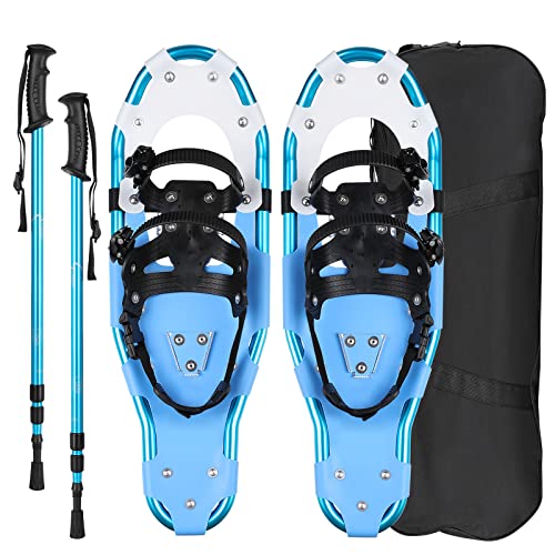 Schneeschuhe, Aluminium Rahmen mit 3 IN 1, Schuhgröße 38-45 bis 90kg, Größenverstellbar Wanderstöcken, Bergausrüstung Wandern auf Schnee, rutschfest Schneeschuh Set mit Tragetasche, Blau