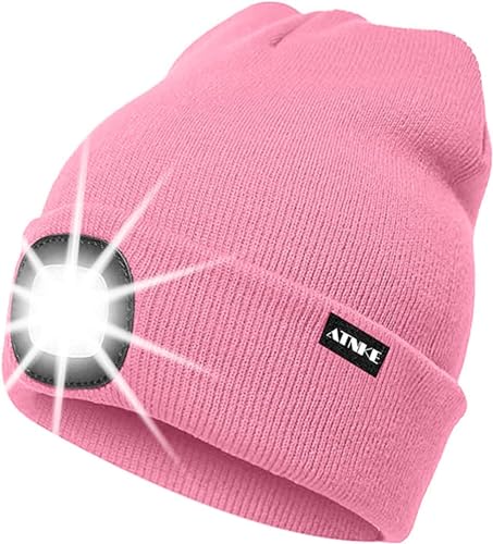 ATNKE LED Beleuchtete Mütze,Wiederaufladbare USB Laufmütze mit Licht Extrem Heller 4 LED Lampe Winter Warme Stirnlampe für Herren und Damen Geschenke/Pink