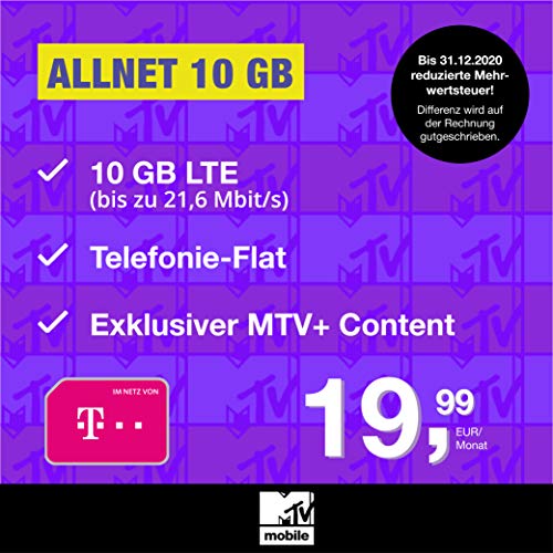 Telekom Handyvertrag MTV Mobile Allnet 10 GB - Internet Flat, Allnet Flat Telefonie in alle Deutschen Netze, MTV+, EU-Roaming, 24 Monate Laufzeit