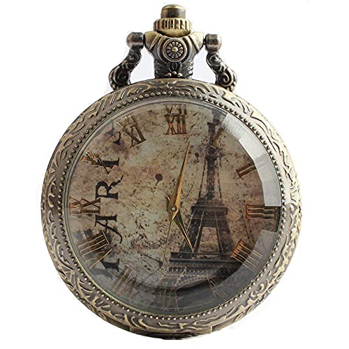 Taschen- und Taschenuhren Vintage Bronze Paris Eiffelturm Design   Quarzt Taschenuhr mit Halskette Anhänger für Männer/Frauen Geschenk