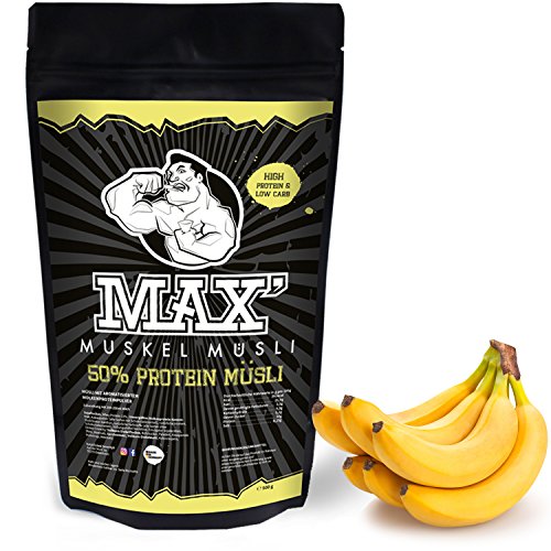 MAX MUSKEL MÜSLI Protein Müsli Low Carb ohne Zucker-Zusatz & Nüsse - Müsli wenig Kohlenhydrate viel Eiweiss Sportlernahrung für Muskelaufbau & Abnehmen 500g Beutel (Banane)