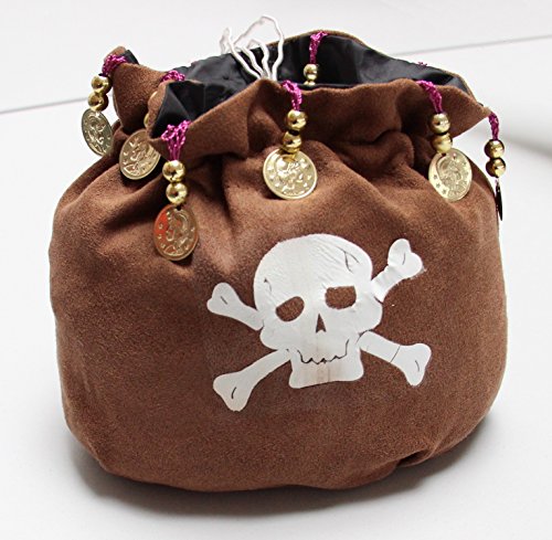Foxxeo brauner Piratenbeutel mit Perlen und Goldmünzen Tasche zum Piraten Kostüm