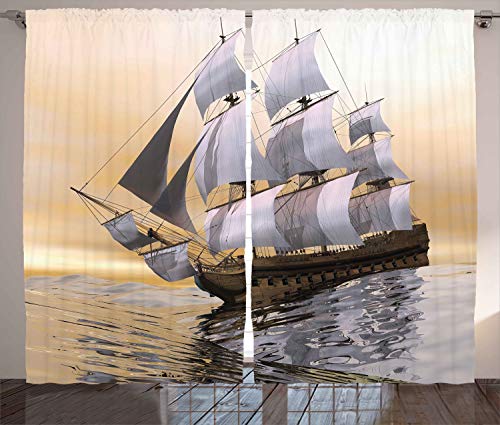 ABAKUHAUS maritim Rustikaler Vorhang, Schiff auf Ozean, Wohnzimmer Universalband Gardinen mit Schlaufen und Haken, 280 x 175 cm, Weiß Grau