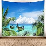 YISURE Tropischer Ozean Strand Wandteppich, Palme Kokosnuss Blatt Meer Boot Wandteppich Wandbehang für Wohnzimmer Wohnheim Heimdekoration, 150x200cm