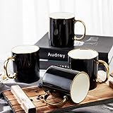 DUJUST Schwarze Kaffeetasse Set von 4 (16oz), modernes und stilvolles Design mit handgefertigten goldenen Zierleisten, schwarzer und goldener Tasse für Kaffee, schöne und anmutige Top-Porzellanbecher
