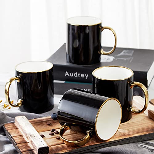 DUJUST Schwarze Kaffeetasse Set von 4 (16oz), modernes und stilvolles Design mit handgefertigten goldenen Zierleisten, schwarzer und goldener Tasse für Kaffee, schöne und anmutige Top-Porzellanbecher