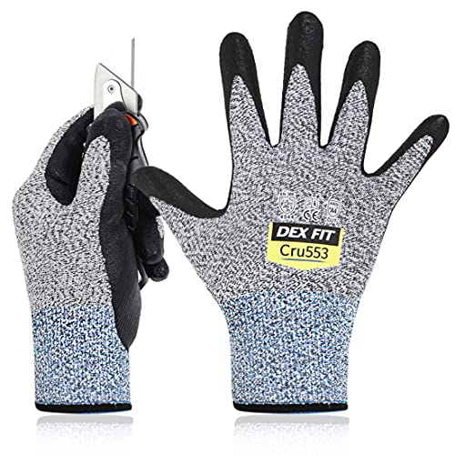 DEX FIT Level 5 Cut Schnittfeste Handschuhe Cru553, 3D Komfort Stretch Fit, Power Grip, Strapazierfähiger Schaumnitril, Smart Touch, Maschinenwaschbar, Dünn & Leicht, Grau 9 (L) 1 Paar