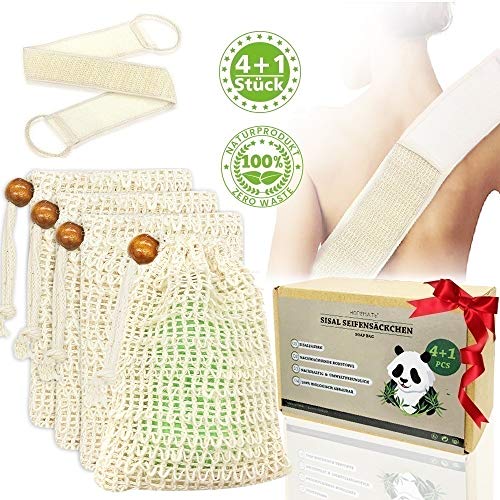 Seifensäckchen Sisal 4 Stück + Rückenschrubber Kit, Plastikfrei Natur Seifensack Zero Waste Seifennetz für Trocknen und Aufschäumen der Seife, für Körper-Peeling und Massage