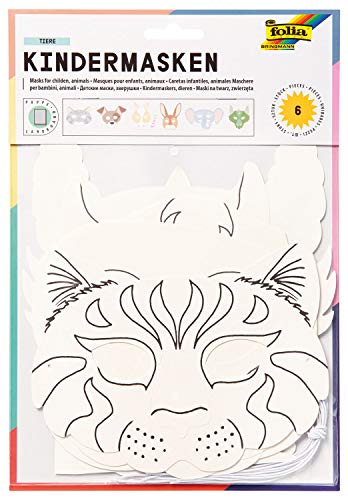 folia 23209 - Kindermasken Tiere aus Pappe, Motive sortiert, 6 Stück, weiß, zum selbst Bemalen und Gestalten, für Kinder, Jungen und Mädchen, ideal für Kindergeburtstage und Partys