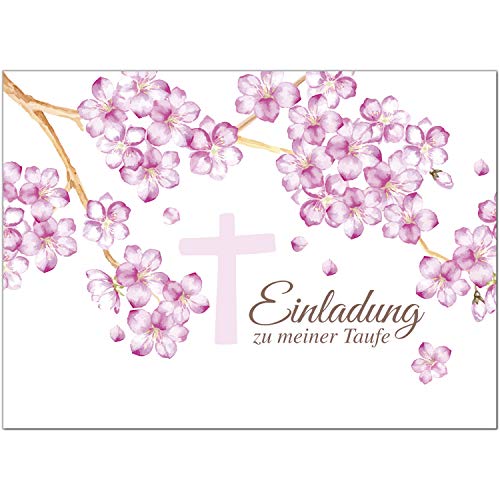 15 x Einladung zur Taufe/Einladungskarten mit Umschlag im Set/Motiv: Kirschblüten Rosa mit Kreuz/Baby Taufkarte/Grußkarte/Postkarte /