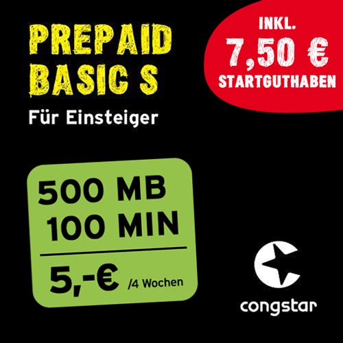 congstar Prepaid Basic S Paket [SIM, Micro-SIM und Nano-SIM] – Das Prepaid-Paket für Einsteiger in guter D-Netz-Qualität