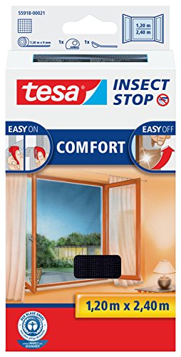 tesa Insect Stop COMFORT Fliegengitter für bodentiefe Fenster - Insektenschutz selbstklebend - Fliegen Netz ohne Bohren - anthrazit (durchsichtig), 120 cm x 240 cm