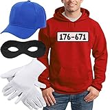Shirtgeil Hoodie Herren Panzerknacker Banditen Kostüm Hoodie + MÜTZE + Maske + Handschuhe Kapuzenpullover Medium Rot