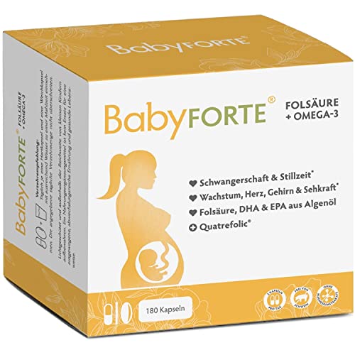 BABYFORTE® Folsäure + Omega-3 vegan + Quatrefolic® - 18 Vitamine Schwangerschaft & Vitamine Stillzeit - 180 Kapseln + DHA & EPA Algenöl
