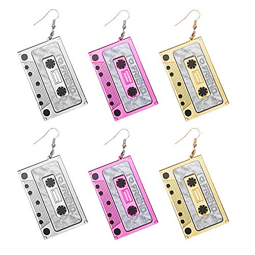 3 Paare Retro Kassette Ohrhänger Punk Tape Ohrringe Kassette Baumeln Ohrhänger für Damen Mädchen Mixtape 80s Bronze Ohrringe für die 80er Jahre Themenparty